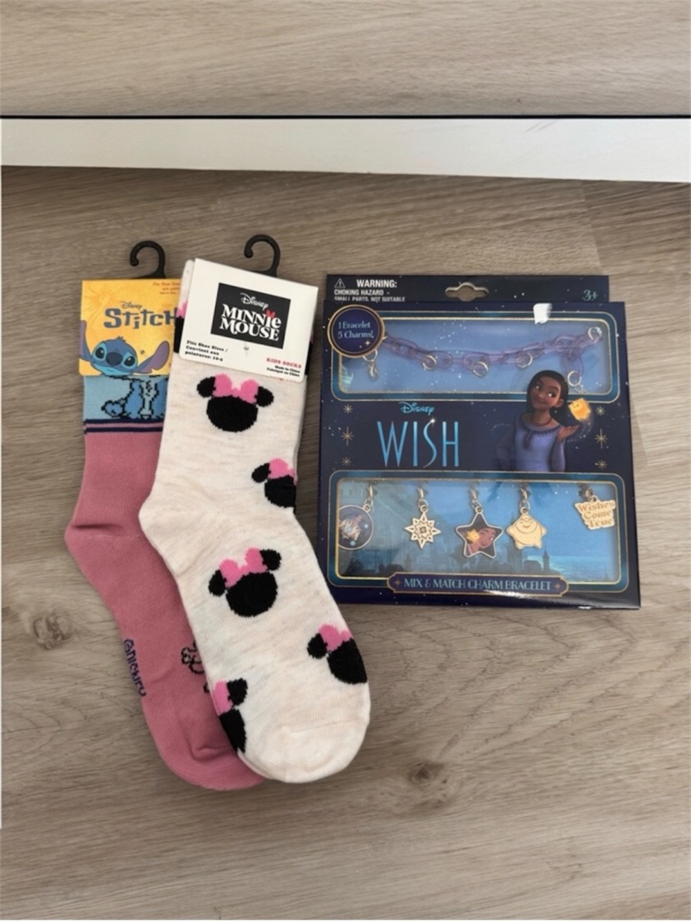 Disney Minnie Mouse Stitch Socks Gift Set Wish Bracelet Charms Kids NWT Bundle